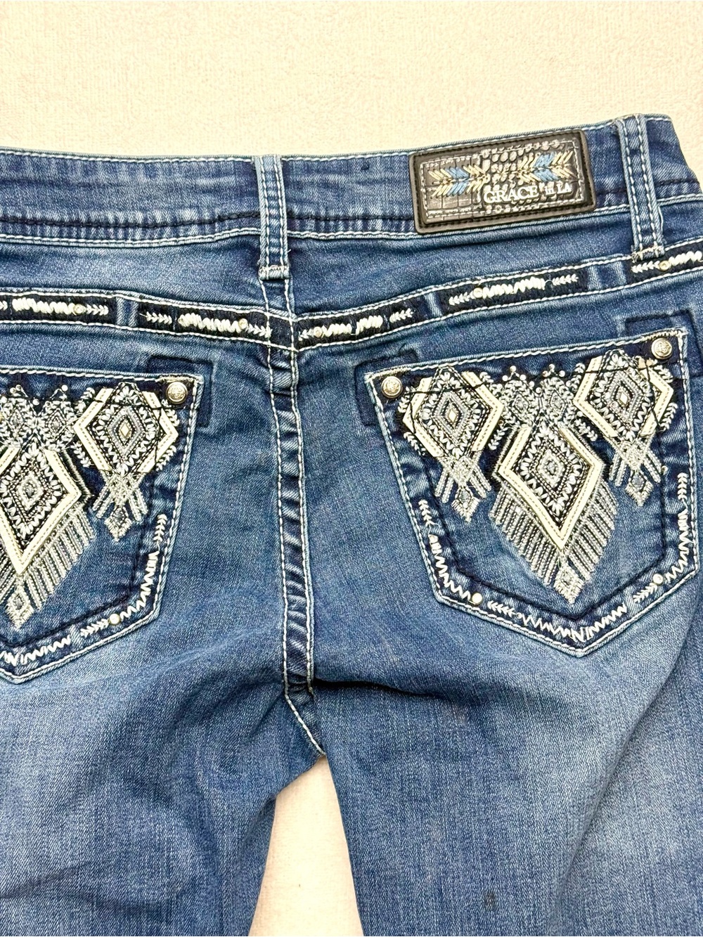Grace in LA Medium Blue Bootcut Jeans with Beaded Pocket Accents - Picture 5 of 10